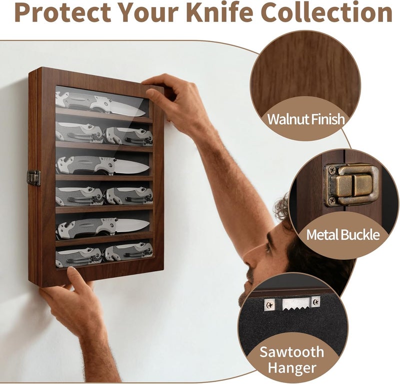 ASmileIndeep Pocket Knife Display Case 6 Row Military Knife Stand with HD Tempered Glass, Army Knife Box for Wall or Desk Display, Walnut - Image 4